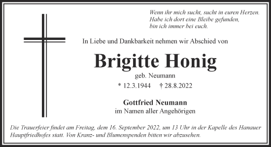 Traueranzeige von Brigitte Honig von Gelnhäuser Neue Zeitung