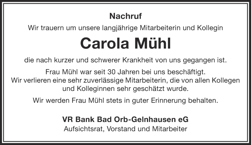  Traueranzeige für Carola Mühl vom 30.07.2022 aus Mittelhessen-Bote