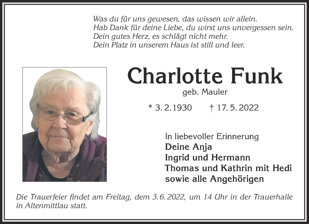  Traueranzeige für Charlotte Funk vom 28.05.2022 aus Gelnhäuser Neue Zeitung