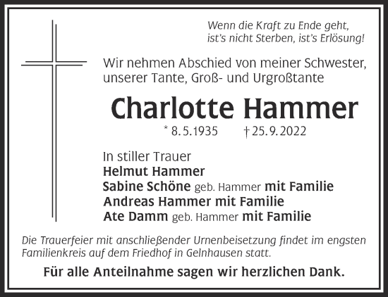 Traueranzeige von Charlotte Hammer von Gelnhäuser Neue Zeitung
