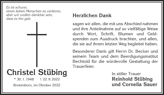 Traueranzeige von Christel Stübing von Gelnhäuser Neue Zeitung