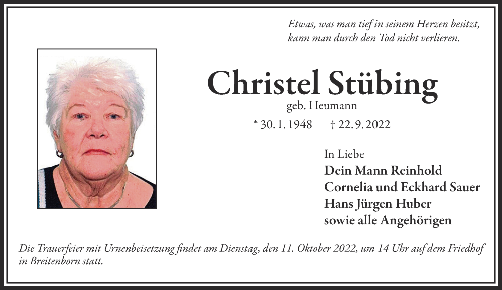  Traueranzeige für Christel Stübing vom 01.10.2022 aus Gelnhäuser Neue Zeitung