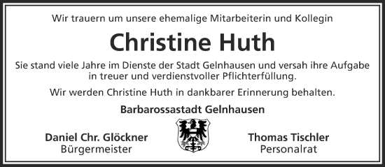 Traueranzeige von Christine Huth von Gelnhäuser Neue Zeitung