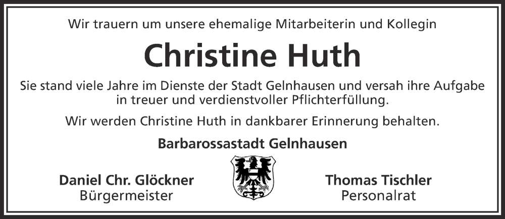  Traueranzeige für Christine Huth vom 08.10.2022 aus Mittelhessen-Bote