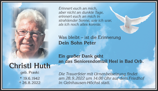 Traueranzeige von Christl Huth von Gelnhäuser Neue Zeitung