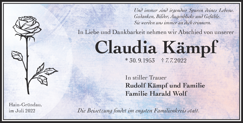  Traueranzeige für Claudia Kämpf vom 23.07.2022 aus Mittelhessen-Bote