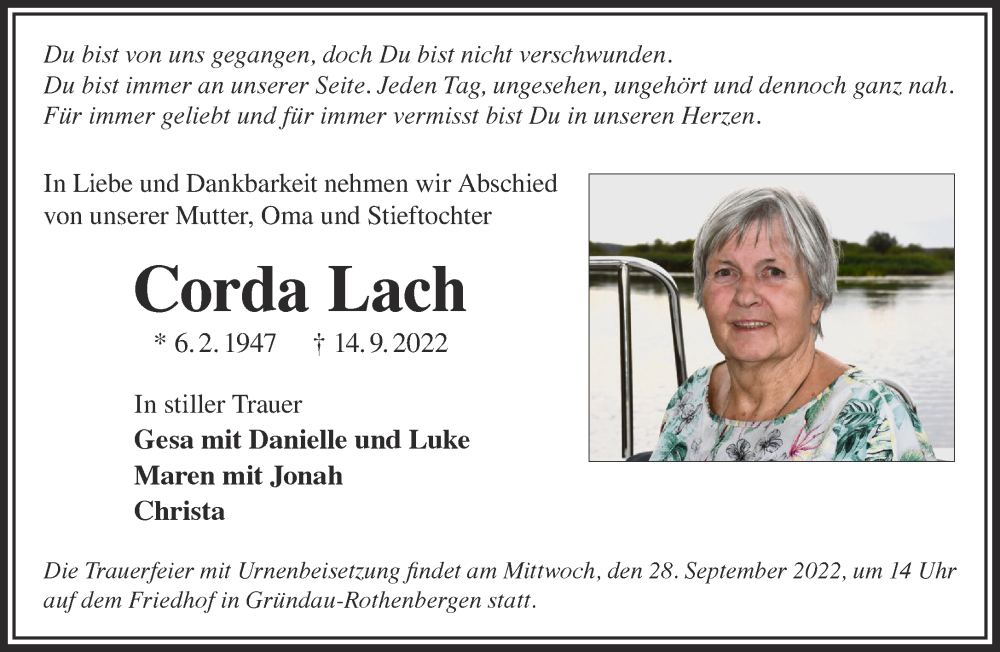  Traueranzeige für Corda Lach vom 24.09.2022 aus Gelnhäuser Neue Zeitung