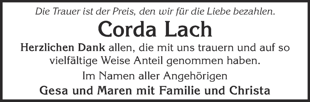  Traueranzeige für Corda Lach vom 15.10.2022 aus Gelnhäuser Neue Zeitung