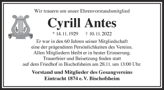 Traueranzeige von Cyrill Antes von Mittelhessen-Bote