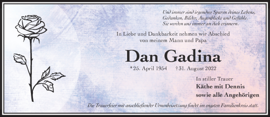 Traueranzeige von Dan Gadina von Gelnhäuser Neue Zeitung