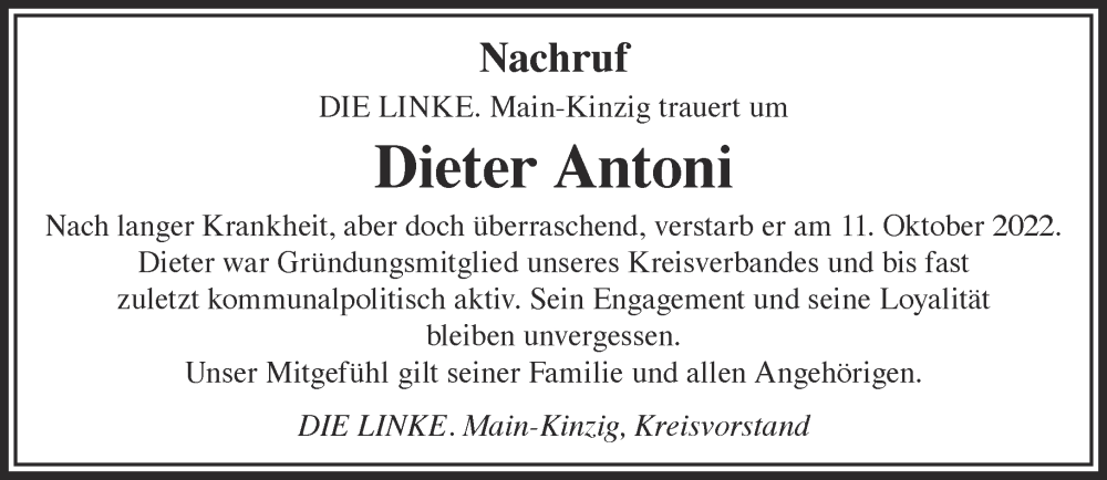  Traueranzeige für Dieter Antoni vom 29.10.2022 aus Gelnhäuser Neue Zeitung