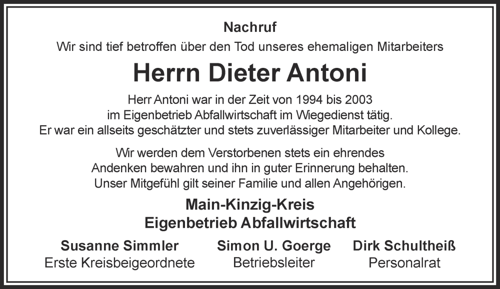  Traueranzeige für Dieter Antoni vom 29.10.2022 aus Gelnhäuser Neue Zeitung