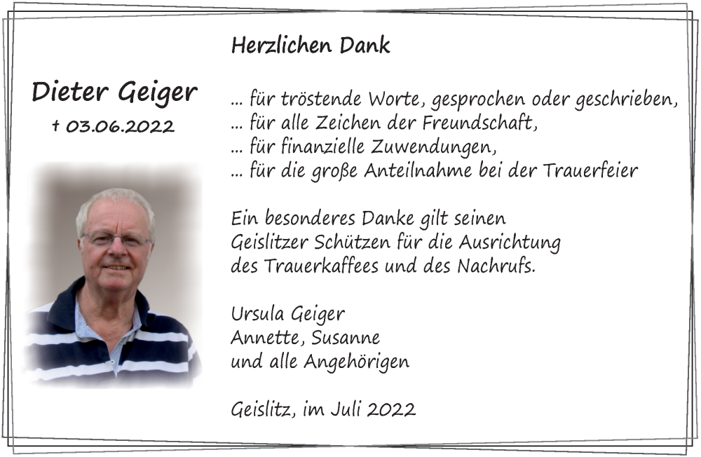  Traueranzeige für Dieter Geiger vom 23.07.2022 aus Gelnhäuser Neue Zeitung