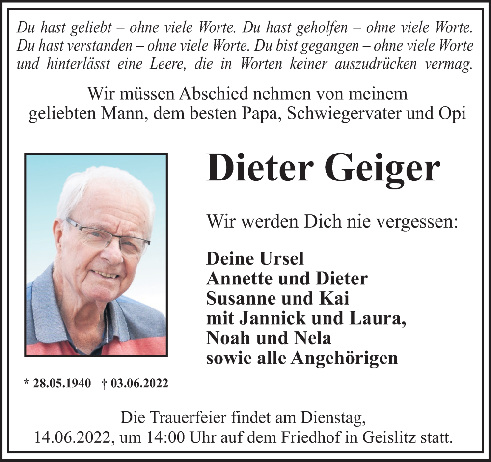  Traueranzeige für Dieter Geiger vom 11.06.2022 aus Mittelhessen-Bote
