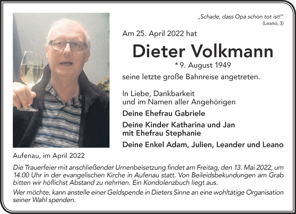  Traueranzeige für Dieter Volkmann vom 07.05.2022 aus Gelnhäuser Neue Zeitung