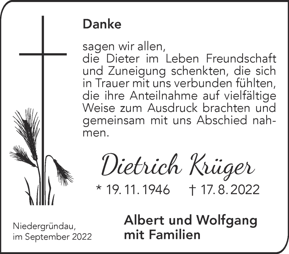  Traueranzeige für Dietrich Krüger vom 17.09.2022 aus Gelnhäuser Neue Zeitung