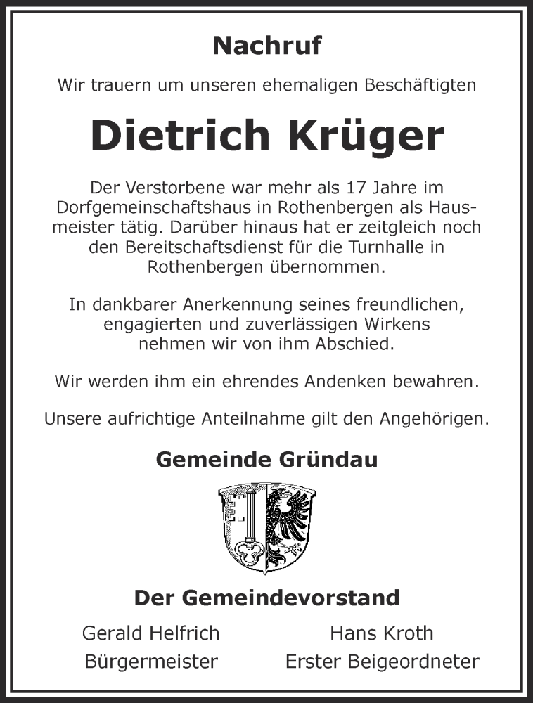  Traueranzeige für Dietrich Krüger vom 27.08.2022 aus Gelnhäuser Neue Zeitung