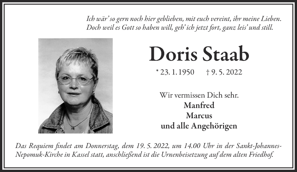  Traueranzeige für Doris Staab vom 14.05.2022 aus Mittelhessen-Bote