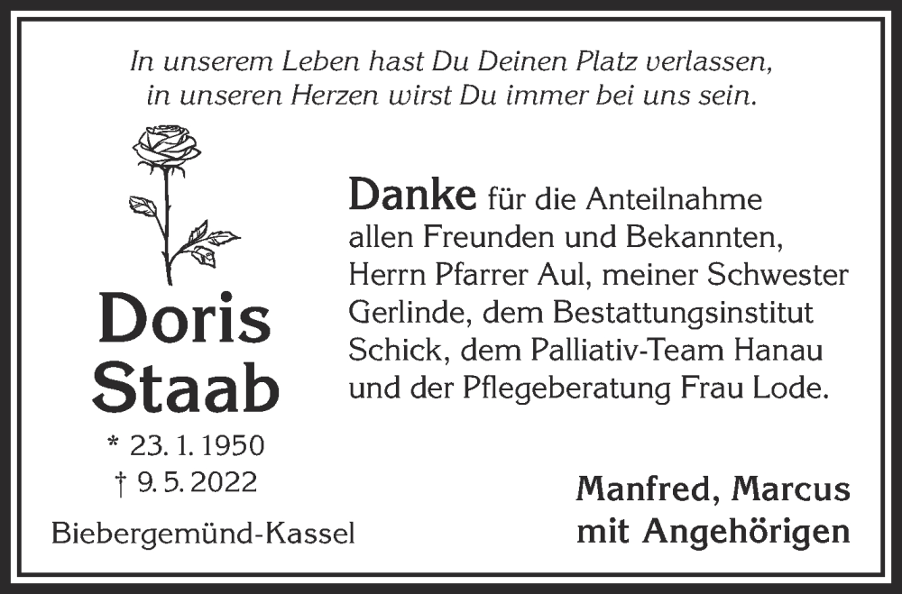  Traueranzeige für Doris Staab vom 11.06.2022 aus Gelnhäuser Neue Zeitung