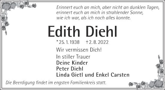 Traueranzeige von Edith Diehl von Gelnhäuser Neue Zeitung