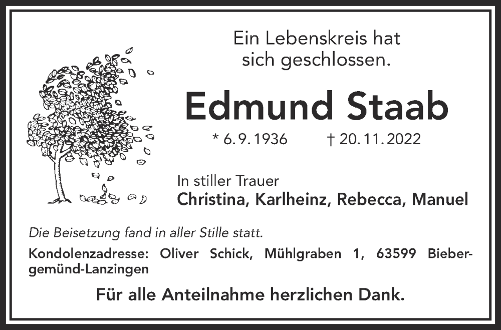  Traueranzeige für Edmund Staab vom 26.11.2022 aus Gelnhäuser Neue Zeitung