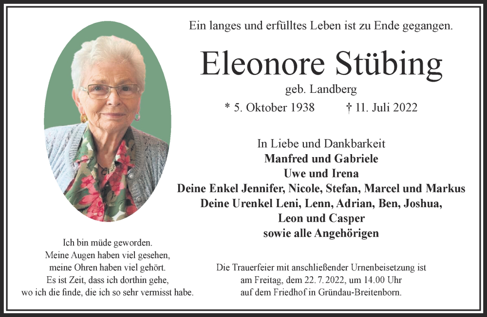  Traueranzeige für Eleonore Stübing vom 16.07.2022 aus Mittelhessen-Bote