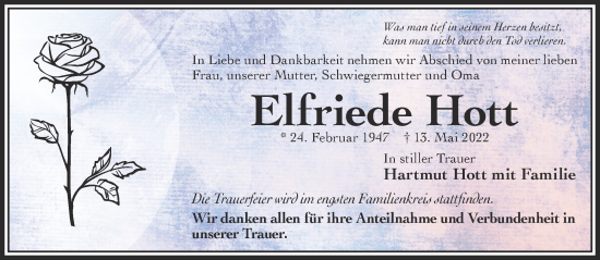 Traueranzeige von Elfriede Hott von Gelnhäuser Neue Zeitung