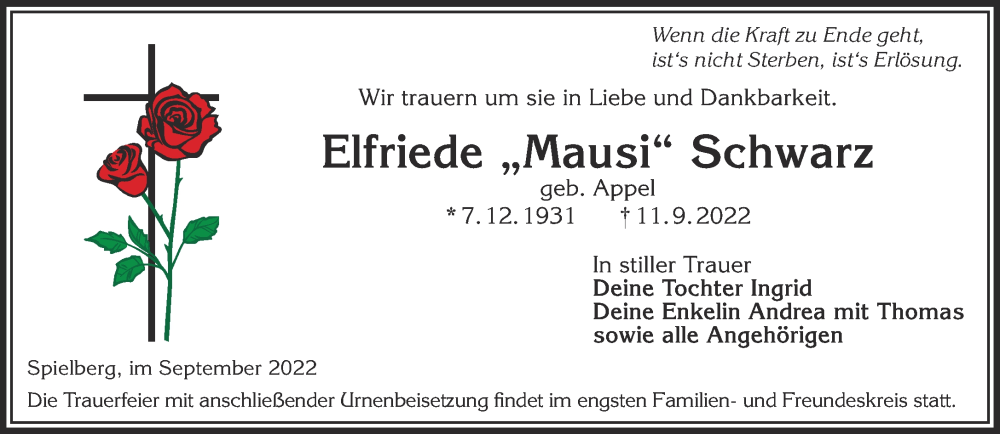  Traueranzeige für Elfriede Schwarz vom 17.09.2022 aus Gelnhäuser Neue Zeitung