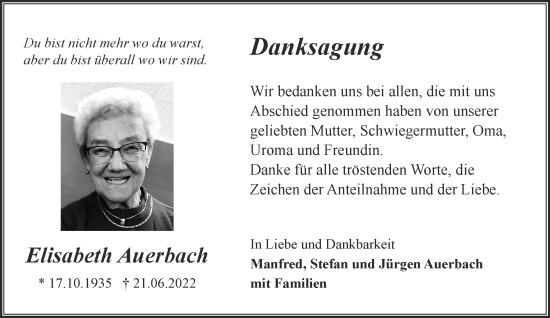 Traueranzeige von Elisabeth Auerbach von Gelnhäuser Neue Zeitung