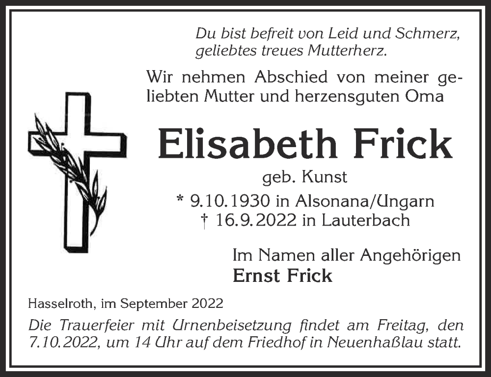  Traueranzeige für Elisabeth Frick vom 01.10.2022 aus Gelnhäuser Neue Zeitung