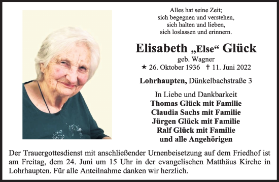 Traueranzeige von Elisabeth Glück von Gelnhäuser Neue Zeitung