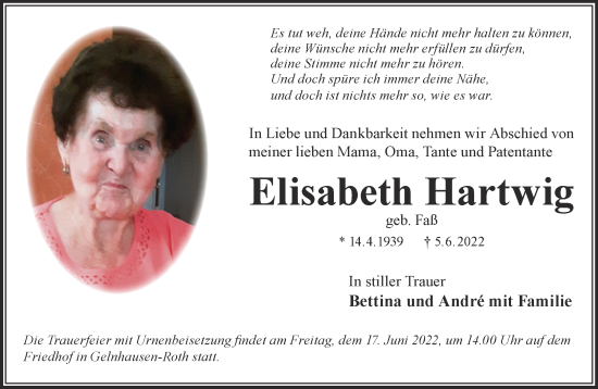 Traueranzeige von Elisabeth Hartwig von Gelnhäuser Neue Zeitung