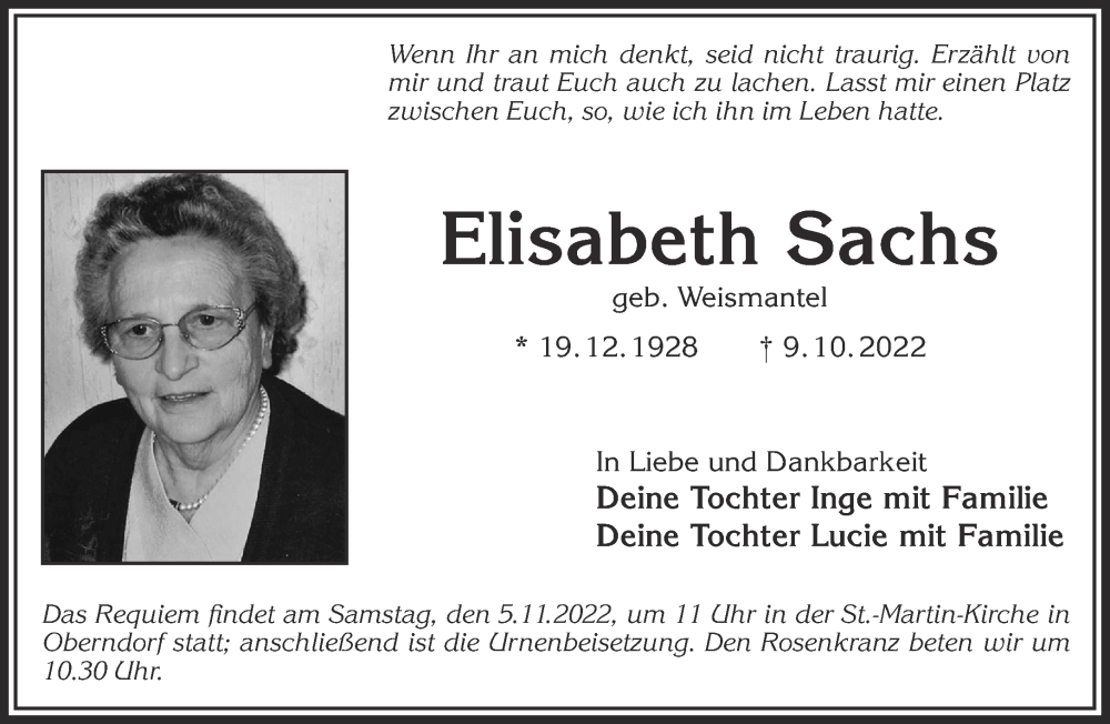  Traueranzeige für Elisabeth Sachs vom 29.10.2022 aus Gelnhäuser Neue Zeitung