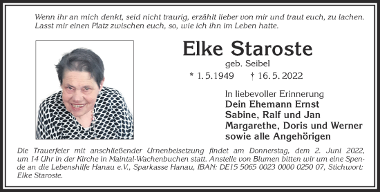 Traueranzeige von Elke Staroste von Gelnhäuser Neue Zeitung