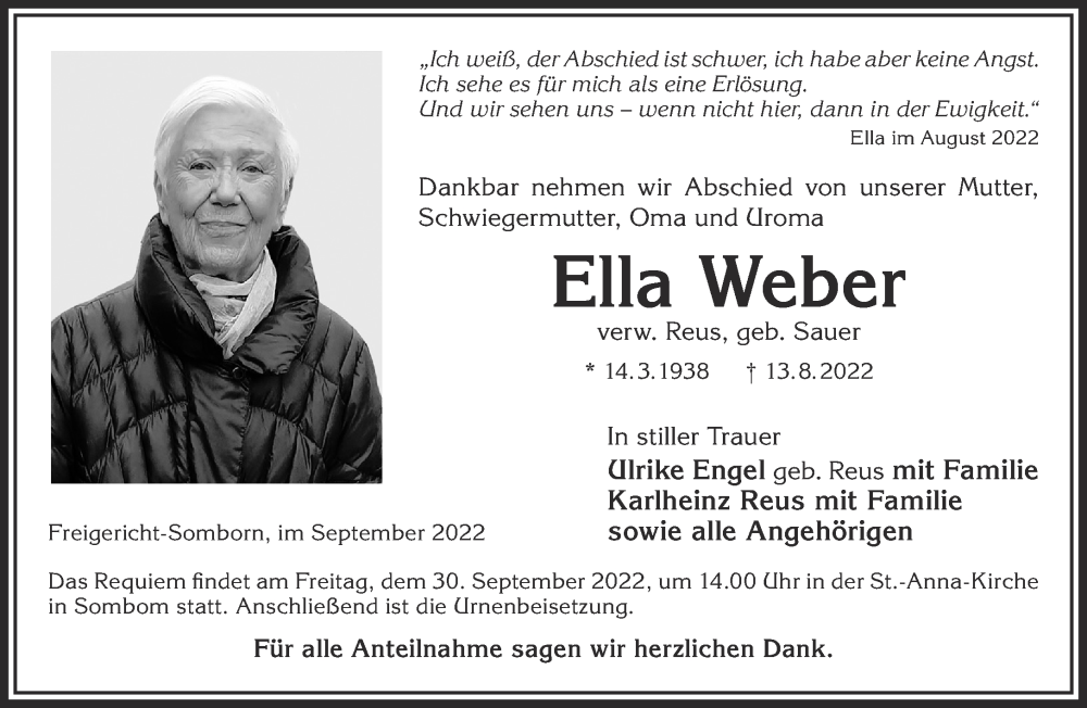 Traueranzeige für Ella Weber vom 17.09.2022 aus Gelnhäuser Neue Zeitung