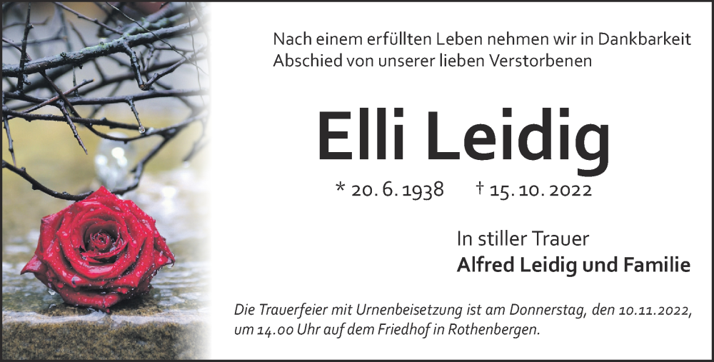 Traueranzeige für Elli Leidig vom 29.10.2022 aus Gelnhäuser Neue Zeitung