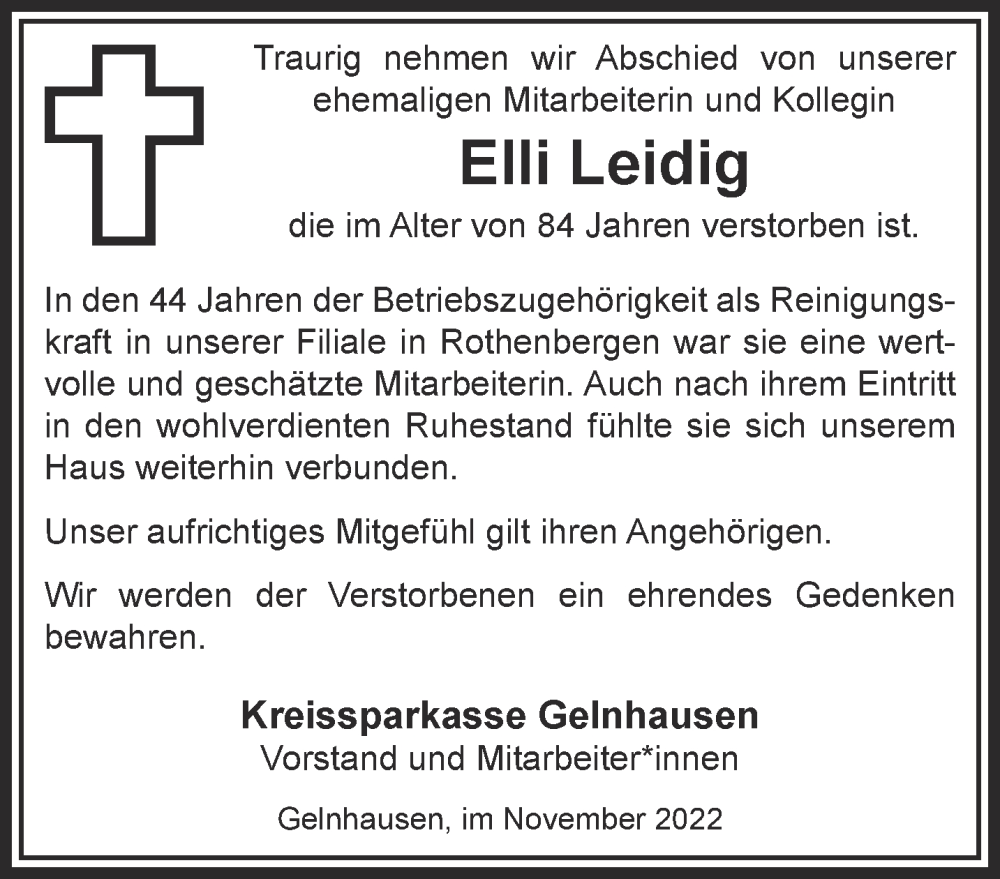  Traueranzeige für Elli Leidig vom 03.11.2022 aus Gelnhäuser Neue Zeitung