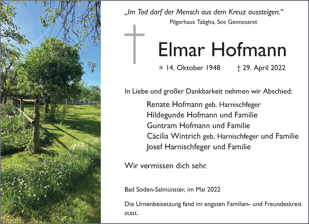  Traueranzeige für Elmar Hofmann vom 28.05.2022 aus Mittelhessen-Bote
