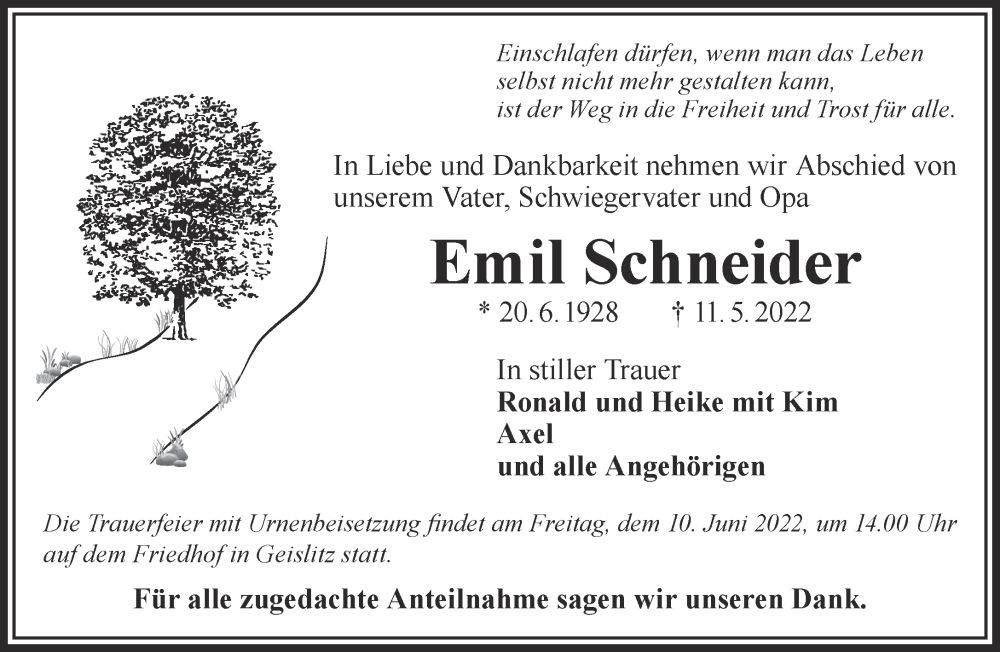  Traueranzeige für Emil Schneider vom 04.06.2022 aus Gelnhäuser Neue Zeitung