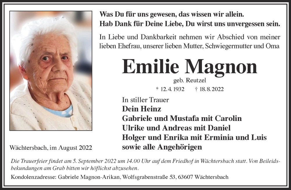  Traueranzeige für Emilie Magnon vom 27.08.2022 aus Gelnhäuser Neue Zeitung