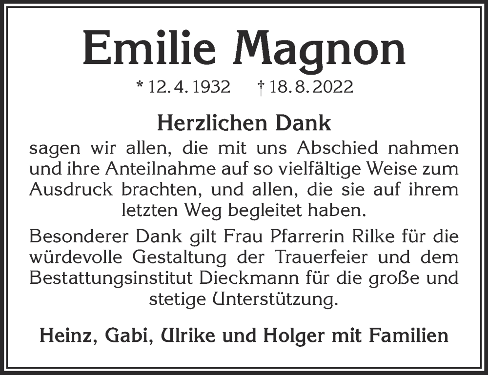  Traueranzeige für Emilie Magnon vom 10.09.2022 aus Gelnhäuser Neue Zeitung