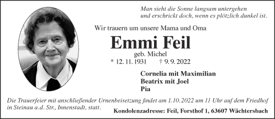 Traueranzeige von Emmi Feil von Mittelhessen-Bote