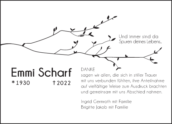Traueranzeige von Emmi Scharf von Gelnhäuser Neue Zeitung