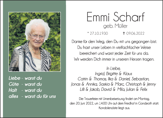 Traueranzeige von Emmi Scharf von Gelnhäuser Neue Zeitung
