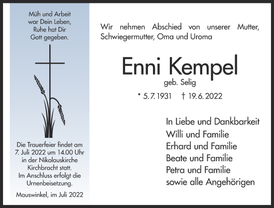 Traueranzeige von Enni Kempel von Gelnhäuser Neue Zeitung