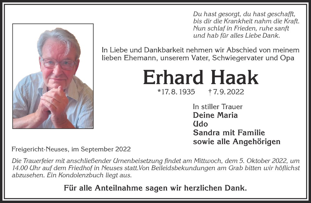 Traueranzeige für Erhard Haak vom 24.09.2022 aus Mittelhessen-Bote