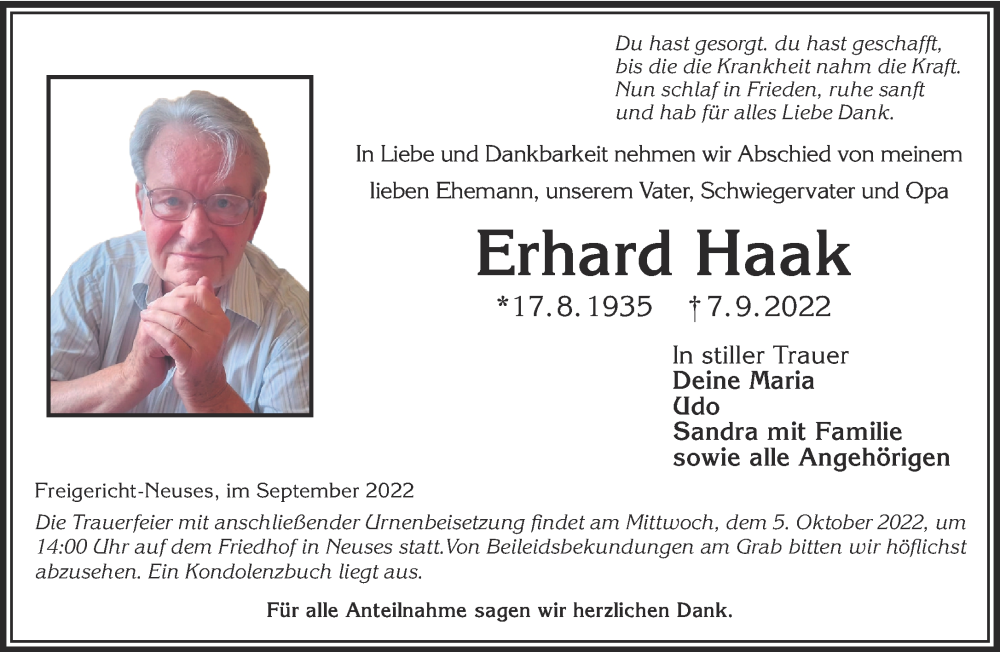  Traueranzeige für Erhard Haak vom 01.10.2022 aus Gelnhäuser Neue Zeitung