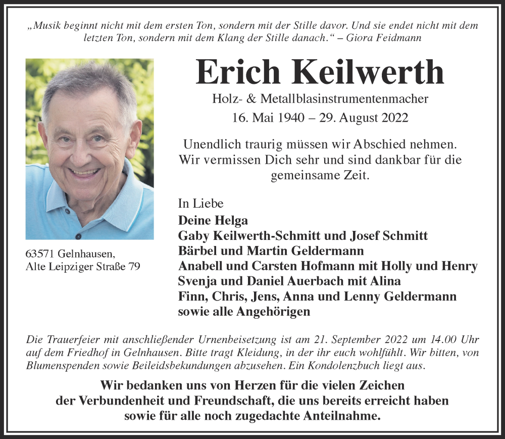  Traueranzeige für Erich Keilwerth vom 17.09.2022 aus Gelnhäuser Neue Zeitung