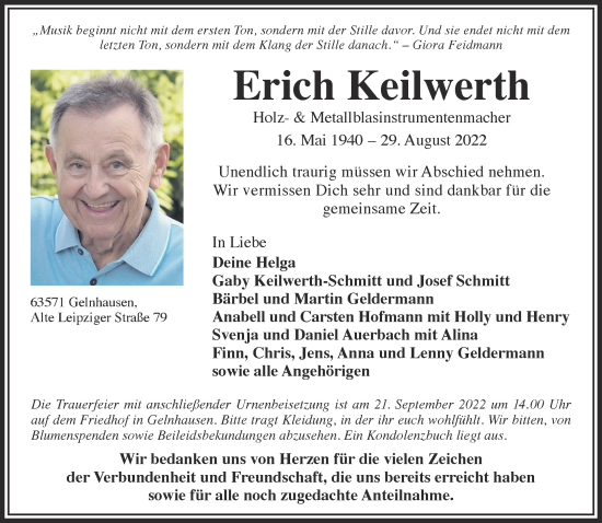 Traueranzeige von Erich Keilwerth von Gelnhäuser Neue Zeitung