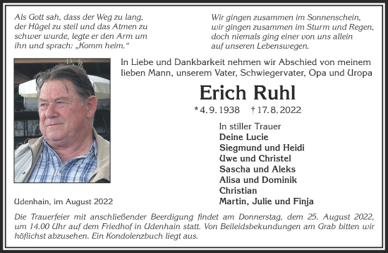 Traueranzeige von Erich Ruhl von Gelnhäuser Neue Zeitung